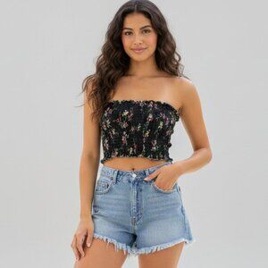 Garage Women’s Floral print Smocked Tube Top Cropped Bandeau Cotton Black Medium